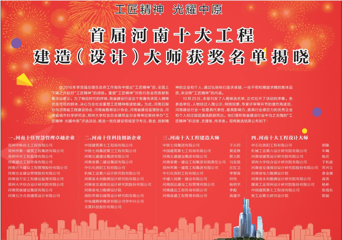 常兴文董事长被授予首届“河南十大工程设计大师”公司荣获首届“河南十佳科技创新企业”