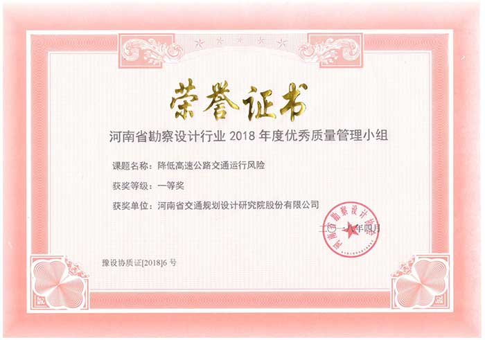 公司被评为河南省勘察设计行业2018年度质量管理小组优秀企业
